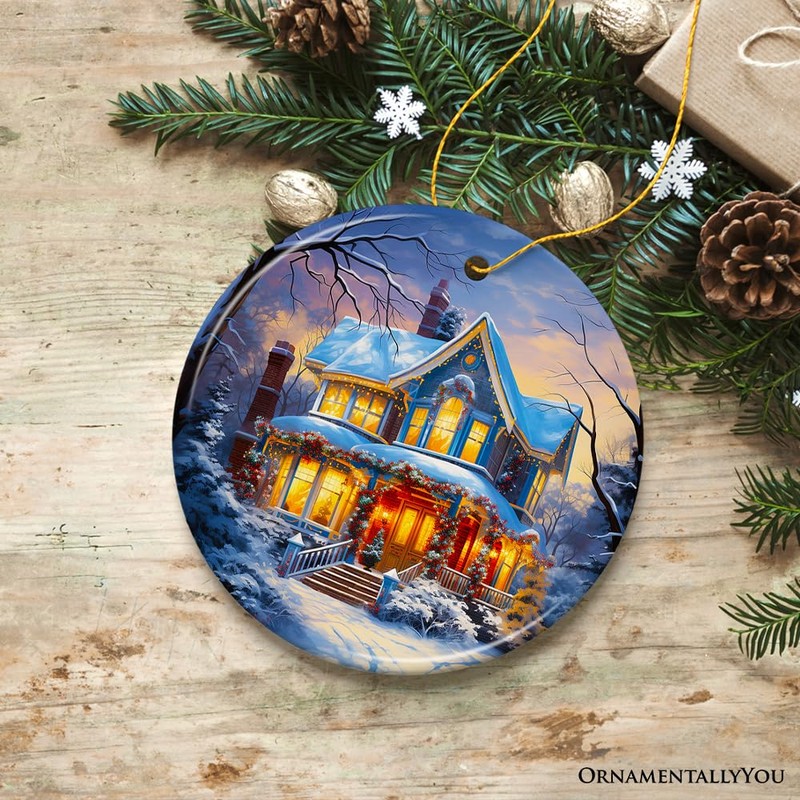 Glowing Winter Night Painting Ceramic Ornament, Warm and Inviting Christmas