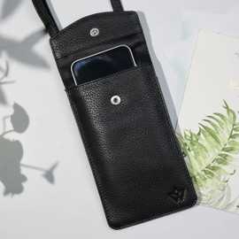 WASAMA Genuine Leather Phone Crossbody Bag With 2 Card Slot With RFID Protection (Midnight Black)