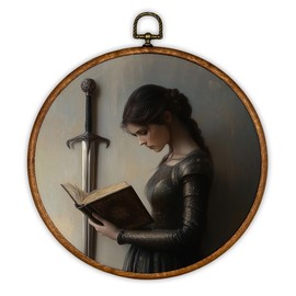 iEFEY Vintage Moody Knight Woman Reading Book Framed Canvas Wall Art Decor, Retro Dark Academia Gothic Bookish Hanging Canvas Prints Decorations for Reading Room Library Home Bedroom 10"x10"