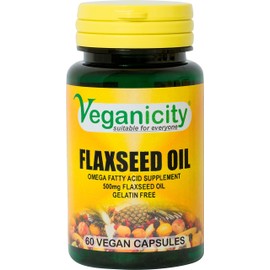 Veganicity Flaxseed Oil 500mg : Omega-3, -6, -9 Fatty Acid Supplement - 60 Gelatin Free Capsules, in a Planet-Friendly 99% Recycled Pot