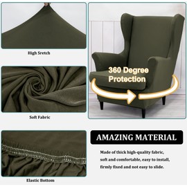 NILUOH Wingback Chair Cover 2-Piece Soft Stretch Wing Chair Slipcover Solid Color Armchair Sofa Couch Cover Furniture Protector with Elastic Bottom for Living Room Bedroom (Gray-Green)