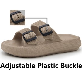 Weweya Men Women Pillow Sandal Slipper Adjustable Twin Buckle Slides Thick Sole Squishy Foam Sandal Khaki Men Size 7 7.5 8 Women Size 8 8.5 9