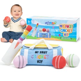 My First Cricket Kit | Cotton Soft Plush Toy | Gift Baby and Infant 0+ Months | 3 Soft Sensory Cricket Balls – Rattle, Crinkle, Squeaker & 1 Rainbow Rattle Cricket Bat | Safe, Fun, Educational