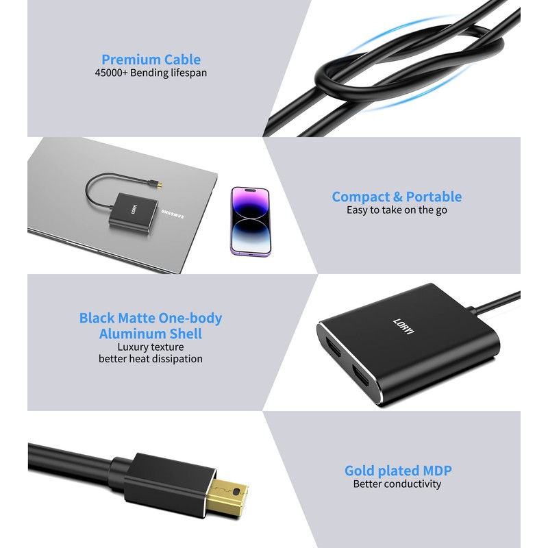 Mini DisplayPort to Dual HDMI Adapter 4K@60Hz, MDP 1.2 to