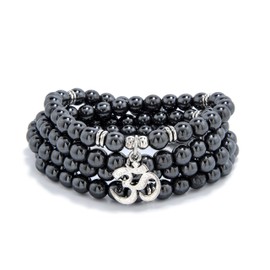 108 Mantra Mala Beads Bracelet Japa Mala Necklace with Om Symbol Charm (Hematite)