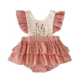 Colorful Childhood Infant Baby Girls Romper Baby Ruffles Bodysuit Embroidery Floral Jumpsuit One-Piece Dress Outfits Pink Size 12-18 Months