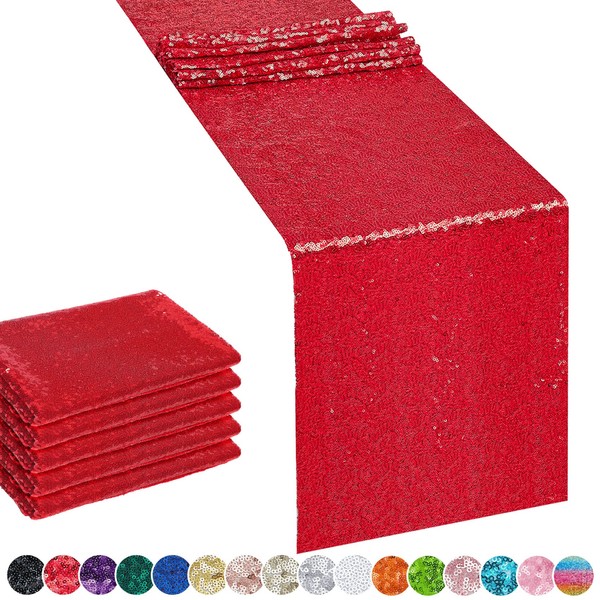 6PCS 12x72 Inch Sequin Table Runner Red Glitter Table Runner