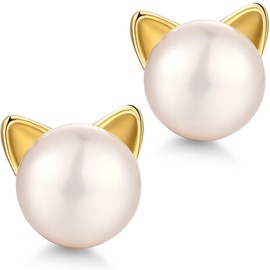 Cat Earrings Cat Stud Earrings Cat Pearl Earrings for Women Cat Jewelry 925 Sterling Silver Cat Earrings for Women Silver Freshwater Cultured Gold Pearl Stud Earrings Kitty Earrings Han han
