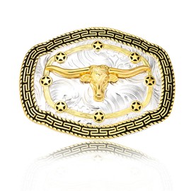 BBOTEN Western Belt Buckle for Men, Longhorn Bull Cowboy Belt Buckle, Golden Large Belt Buckles Mens