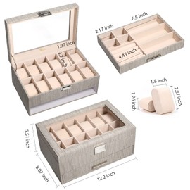Voova Watch Jewelry Box Organizer for Men Women,12 Slot Leather Watch Storage Case Display Holder with Jewelry Drawer, Removable Watch Pillows, Large Glass Lid for Watches, Sunglasses,Rings,Wood Grey