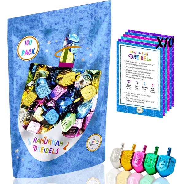 Hanukkah Dreidels Metallic Multi-Colored Draydels with English Translation - Includes Dreidel Game Instruction Card (100-Pack)