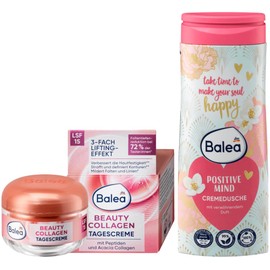 Balea Set of 2 Skin Care: Beauty Collagen Day Cream SPF15 for Rejuvenated & Strengthened Skin Complexion (50 ml) + Shower Gel Positive Mind Mild pH Neutral Cream Shower with Delicate Floral Fragrance