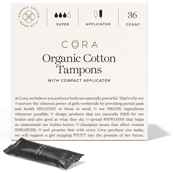 Cora Organic Tampons | Super Absorbency | 100% Cotton Core, Unscented with BPA-Free Applicator | Leak Protection, Easy Application | Non-Toxic, Hypoallergenic (36 Count)