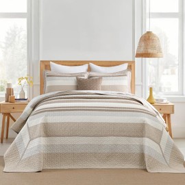 SahSahCasa 120"x120" 100% Cotton Oversized California King Bedspread Coverlet Striped Quilt Set, Cal King Quilted Bedspread Extra Large Quilt, XL Bed Spread Lightweight Comforter, Brown/Camel/Cream