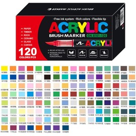 120 Colors Acrylic Paint Marker Set, Direct Liquid Ink, Soft Brush Tip Art Drawing Pens for Fabric, Canvas, Rock, Glass, Wood, Paper, DIY Crafts, School and Art Supplies