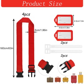 Pack of 4 Luggage Straps, Includes 2 Luggage Tags with Address Label, Cross Luggage Strap, Practical Luggage Strap, Adjustable Travel Belt with Buckle, Suitcase Packing Belt, Travel Accessories (Red)
