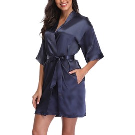 Laurel Snow Women's Satin Robes Bridesmaid Getting Ready Robe Soft Sleepwear Silky Short Kimono Bathrobe for Bridal Wedding Party Navy Blue