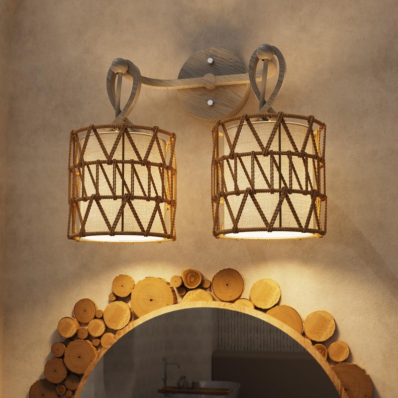 HYMELA N12-3 Two-Lights Boho Rattan Wall Sconce - Vanity Lights