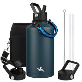 Konokyo Insulated Water Bottle with Straw,87 oz 3 Lids Water Jug with Carrying Bag,Paracord Handle,Double Wall Vacuum Stainless Steel Metal Flask,Navy Blue