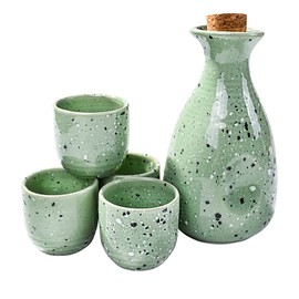 Large Sake 5-Piece Set, Durable Japanese Sake Ceramic Set Featuring 1 Sake Bottle and 4 Sake Cups (Large Green)