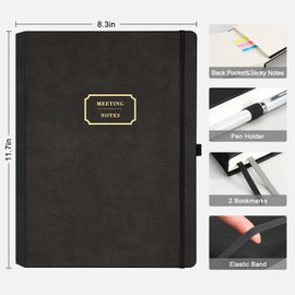 EMSHOI Meeting Notebook A4-240 Pages Hardback Diary To Do List Notepad Productivity Planner, Project Organiser, 100gsm Paper, Leather Journal for Women Men Business Work, 21.5 x 29cm - Black