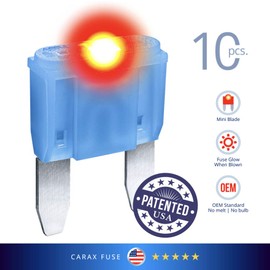 CARAX Glow Fuse – Premium Fuse Mini Blade – 15A Kit 10 pcs – Glow When Blown LED Automotive Fuse – Smart Auto Glow Fuse Easy Identification – 10 pcs.