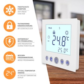 Digital Flush-Mounted Thermostat White with 8 cm Display Diagonal – Weekly Programming – Child Lock – for Electric or Water-Controlled Underfloor Heating