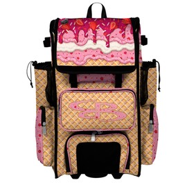 Boombah Rolling Superpack Baseball/Softball Gear Bag - Telescopic Handle - Holds 4 Bats - Wheeled Version - Ice Cream Strawberry Creme Gold/Pink/Hot Pink