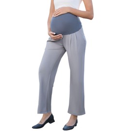 Ecavus Women's Wide Leg Maternity Pants with Pockets - Stretchy Over The Belly Pregnancy Casual and Work Trousers Grey