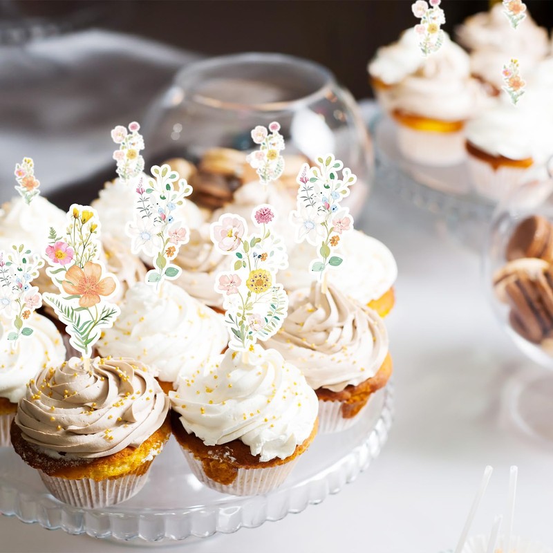 Rngmsi Flower Birthday Cupcake Toppers Decorations, 40PCS Wildflower Baby in