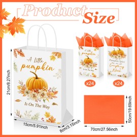 Yexiya 48 Set Pumpkin Gift Bags Bulk A Little Pumpkin Is On The Way Bags with Tissue Paper Autumn Fall Gift Baby Shower Gender Reveal Thanksgiving Party Supplies Decorations(Orange)