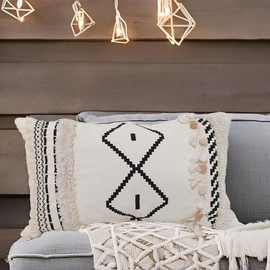 RinRinfam 1Pc Boho Pompom Lumbar Pillow Cover 12x 20, Geometric Woven Tufted Farmhouse Neutral Decorative Linen Pillow Cushion Case, Cream Decorative Pillows for Bed, Outdoor Couch Car