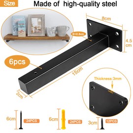 AYSUM Heavy Duty Shelf Brackets 6 Pack 6 Inch Floating Wall Brackets Iron Shelf Brackets, Metal L Brackets for Shelves Industrial Shelf Bracket Black, Hardware Included