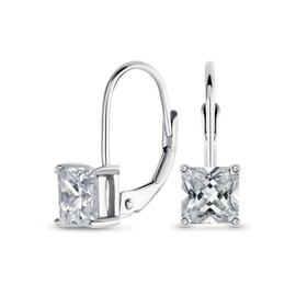 Classic Bridal Princess Cut Cubic Zirconia Solitaire Square AAA CZ Leverback Earrings For Women Wedding .925 Sterling Silver 5MM