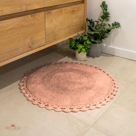 Unique Round Boho Bath Mat with Crochet Contour - 100% Cotton Boho Bathroom Rugs -Reversible - Decorative Non-Slip Bohemian Rug for Bath and Bedroom - Cute Boho Decor - Blush Pink 30"
