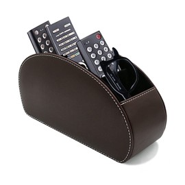 Fosinz Remote Control Holder Organizer with Metal Bottom Stable Table Desk Leather Control Storage TV Remote Control Organizer with 5 Spacious Compartments (Brown with Metal Bottom)