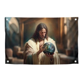 3x5 Feet He’s Got the Whole World in His Hands Polyester Flags with Four Brass Grommets - Decoration Christian Jesus Outdoor or Indoor Flag - Cool Jesus Flags for Decor Boys Room - God with World Flag