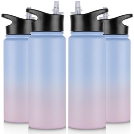 VQRRCKI 24 oz Insulated Water Bottle Bulk 4 Pack, Stainless Steel Sports Water Bottles with Straw Lid & Wide Mouth Lids, Double Walled Vacuum, Leak Proof, Pink Blue Gradient