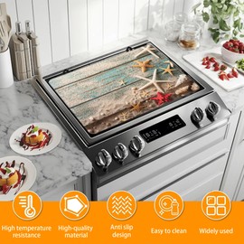 Beach Seashell Starfish Stove Top Covers for Electric Stove, Blue Wooden Heat-Resistant Non-Slip Stoves Gap Covers, Multipurpose Stoves/Counter/Washer Top Protector,Natural Rubber（28"x19.5")