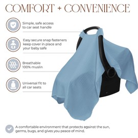 Liangang Baby Car Seat Cover - Soft, Breathable Bamboo Rayon and Muslin Cotton Blend - Lightweight Canopy for Sun, Bug, and Comfort Protection - Large Size Infant Seat Cover (Blue)