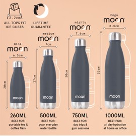 Moon Bottles - Insulated Water Bottle That Lasts Forever - 18/8 Stainless Steel Vacuum Flask - Double Walled Drink Bottle - Thermal Metal Flasks, Leakproof, 24hrs Cold & 12 Hot (1L, Matte Black)