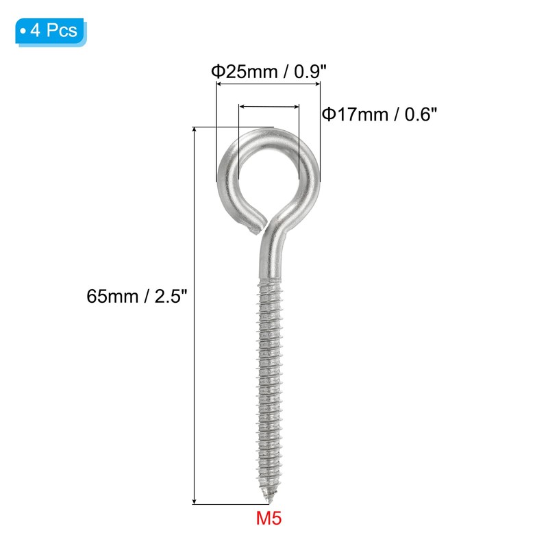 PATIKIL M5x65mm 4pcs 304 Stainless Steel Eye Screw Hook Self
