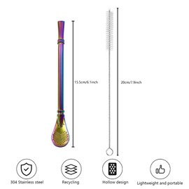Edelstahl-Trinkhalme mit Filterlöffel, 2 Stück, Teestrohhalme, Mate Bombilla, Kaffee-Rührstab für Eistee, Cocktail, mit 2 Reinigungsbürsten (bunt)