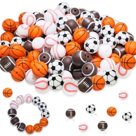 Rimoev 24 Pcs Print Silicone Beads Sports, 15mm Soft Rubber Round Beads for Keychain Wristlets, Football Silicone Beads Pens, Silicone Print Beads Necklace and Bracelets Making