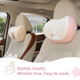 UINSUE Car Headrest Pillow 2PCS Auto Headrest Cushion Memory Foam Car Seat Neck Pillow - Comfort and Style On The Go Memory Foam Head Pillow Bear and Bunny Neck Support (Bear & Rabbit)