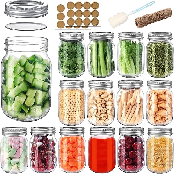 Mason Jars 16 oz with Airtight Lids and Bands, 15