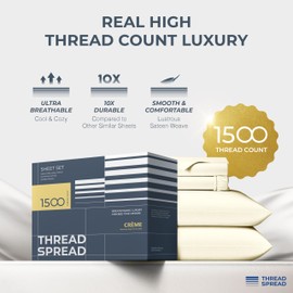 THREAD SPREAD 100% Egyptian Cotton Sheets California King Size - 1500 Thread Count 4 PC Cal King Sheets Egyptian Cotton, Soft, Cooling Sateen Sheets, High Thread Count Sheets California King - Ivory