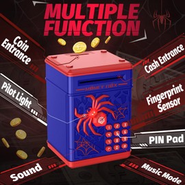 Spider Money Box,Thedttoy ATM Piggy Bank with Fingerprint,Digital PIN Money Saving Box with LED Light,Money Safe for Kid,Birthday Gifts for 3-12 Years Boys Girls-Blue