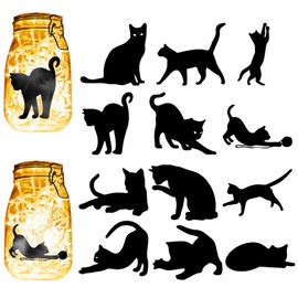 CREATCABIN 12Pcs Black Cat Silhouettes Mason Jar Decor Laser Cut Cardboard Scrapbook Cutouts Die Cuts PVC Decoration for DIY Crafting Lantern Jars Wall Painting Window Glass 3.9x3.5Inch-No Sticker