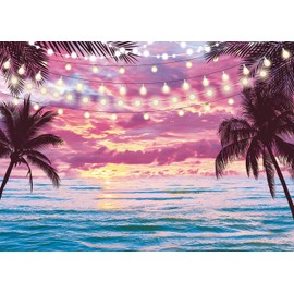 Summer Beach Sunset Backdrop Hawaiian Tropical Palm Trees Seaside Pink Sky Photography Background Sunset Ocean Wedding Baby Shower Birthday Luau Party Decorations Photo Booth Props (7x5FT)
